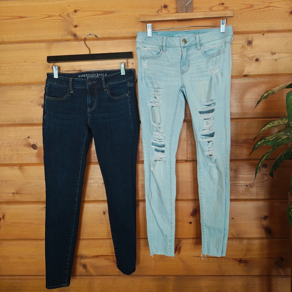 American Eagle Lot Set 2 Jegging Jean Super Stretch Distress Dark Both 4(28) x28